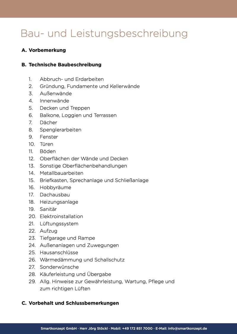 Bau- und Leistungsbeschreibung, Seite 1 von 7: Inhaltsübersicht