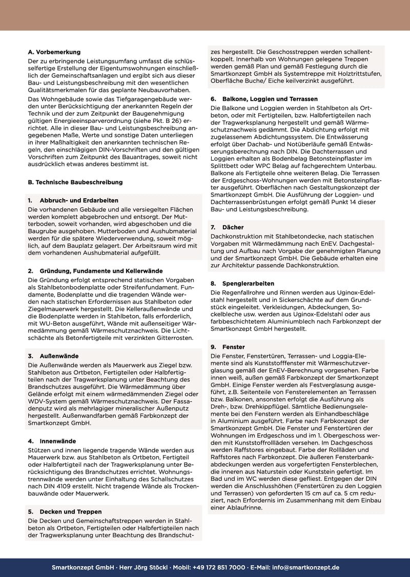 Bau- und Leistungsbeschreibung, Seite 2 von 7: Vorbemerkung, Rohbau, Dach und Fenster (Punkte 1 bis 9)