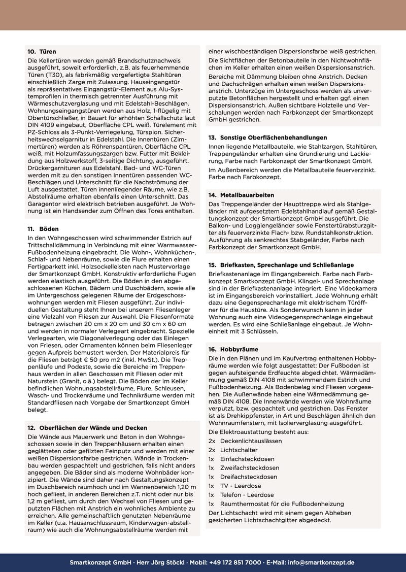 Bau- und Leistungsbeschreibung, Seite 3 von 7: Türen, Böden, Oberflächen und Hobbyräume (Punkte 10 bis 16)