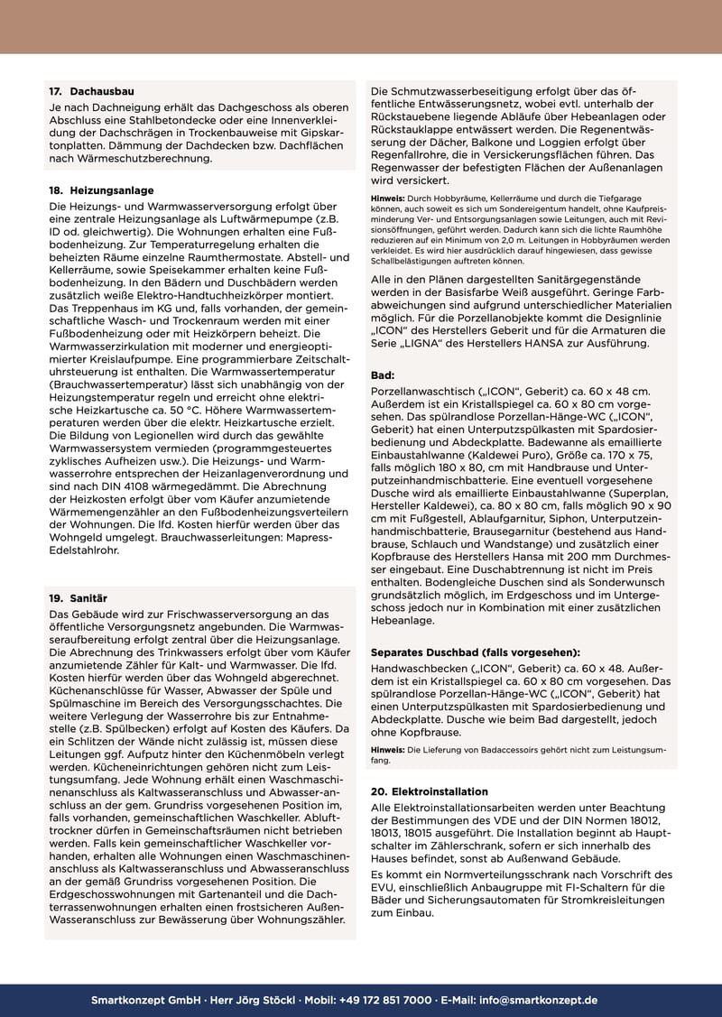 Bau- und Leistungsbeschreibung, Seite 4 von 7: Dachausbau, Heizung, Sanitär und Elektro (Punkte 17 bis 20)