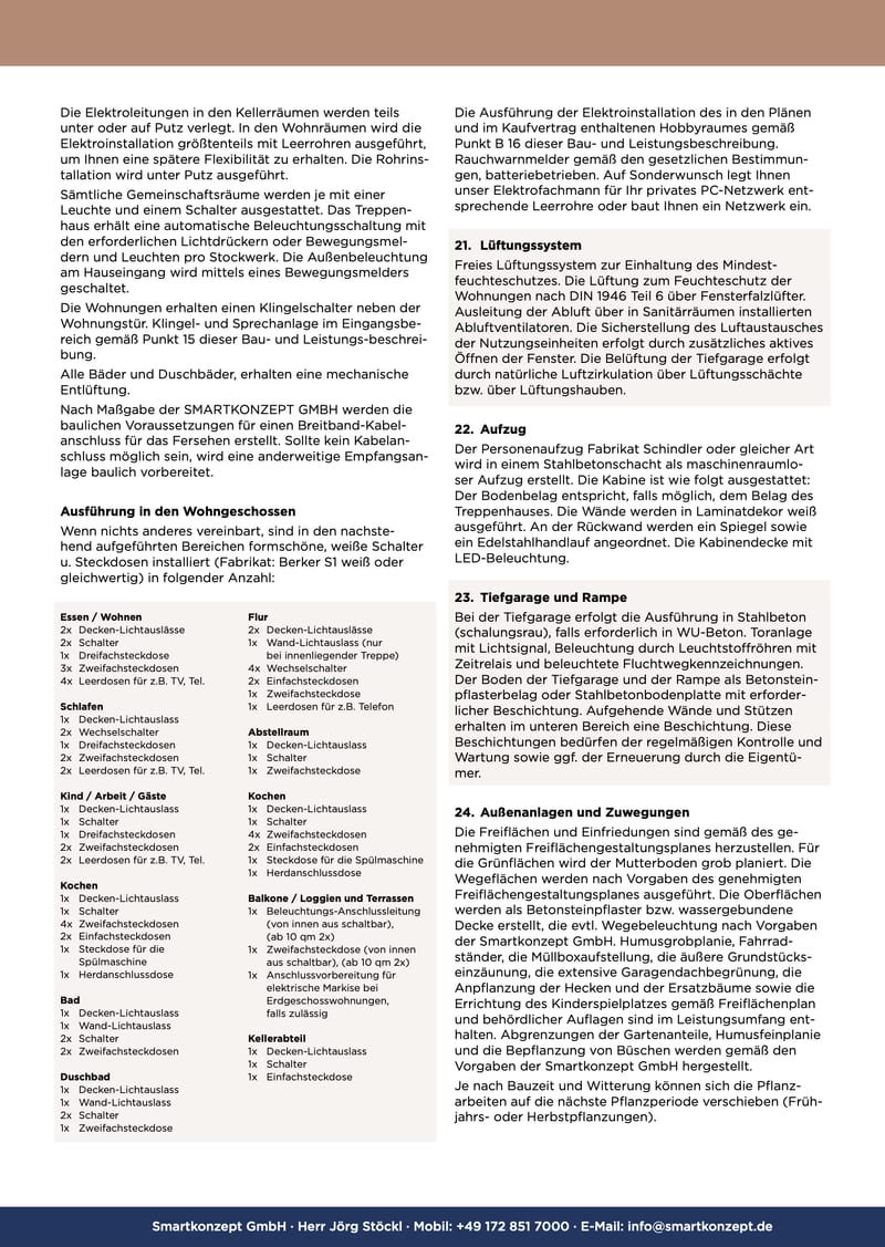 Bau- und Leistungsbeschreibung, Seite 5 von 7: Elektro, Lüftung, Aufzug, Tiefgarage und Außenanlagen (Punkte 20 bis 24)