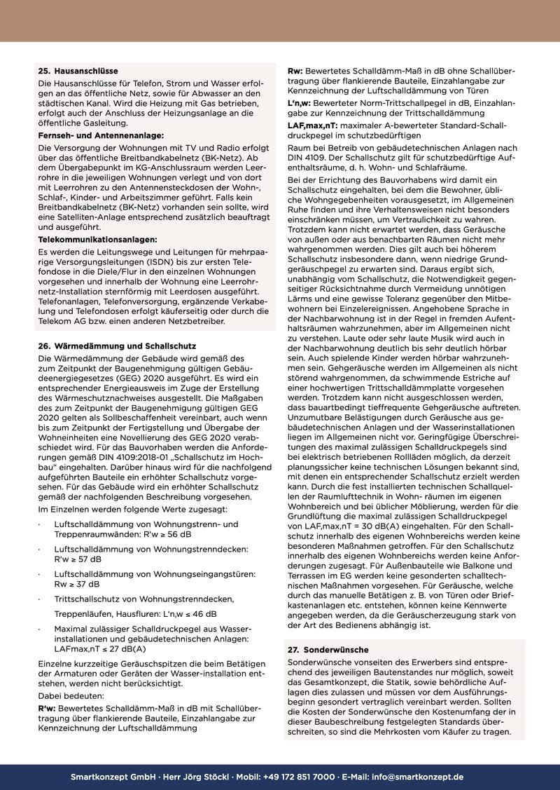 Bau- und Leistungsbeschreibung, Seite 6 von 7: Hausanschlüsse, Wärme- und Schallschutz, Sonderwünsche (Punkte 25 bis 27)