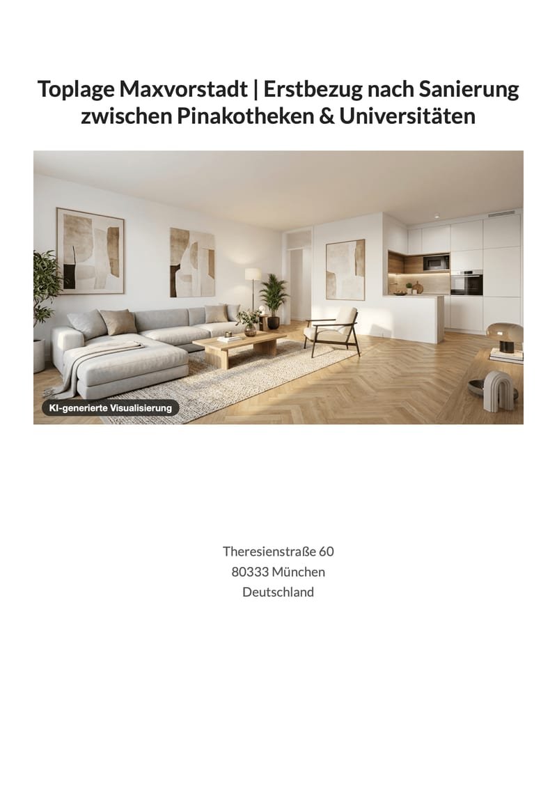 Exposé, Seite 1 von 12: Titelseite mit KI-Visualisierung des Wohnbereichs