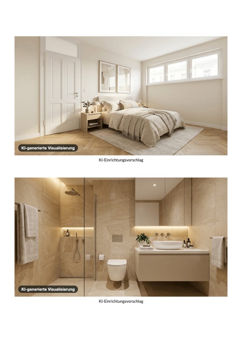 Exposé, Seite 6 von 12: KI-Visualisierungen von Schlafzimmer und Bad
