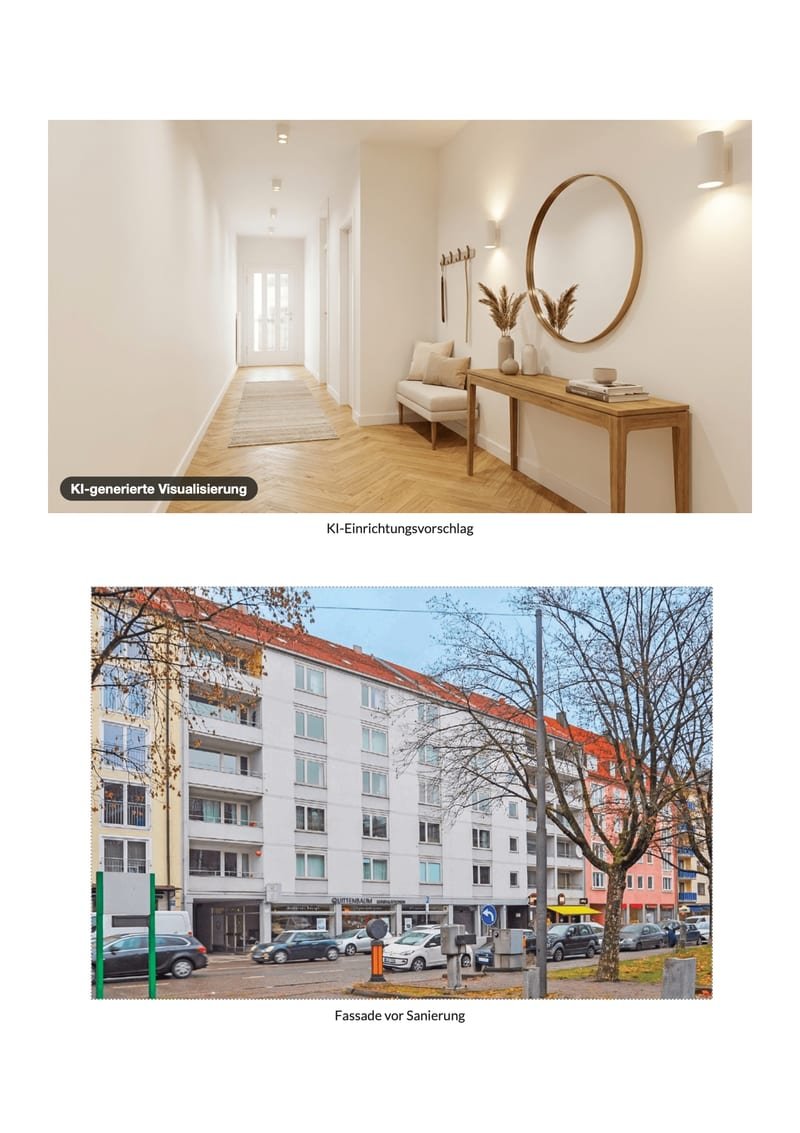 Exposé, Seite 7 von 12: KI-Visualisierung des Flurs, Fassade vor der Sanierung