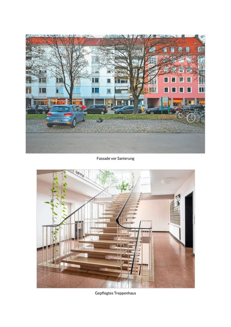 Exposé, Seite 8 von 12: Fassade vor der Sanierung und Treppenhaus