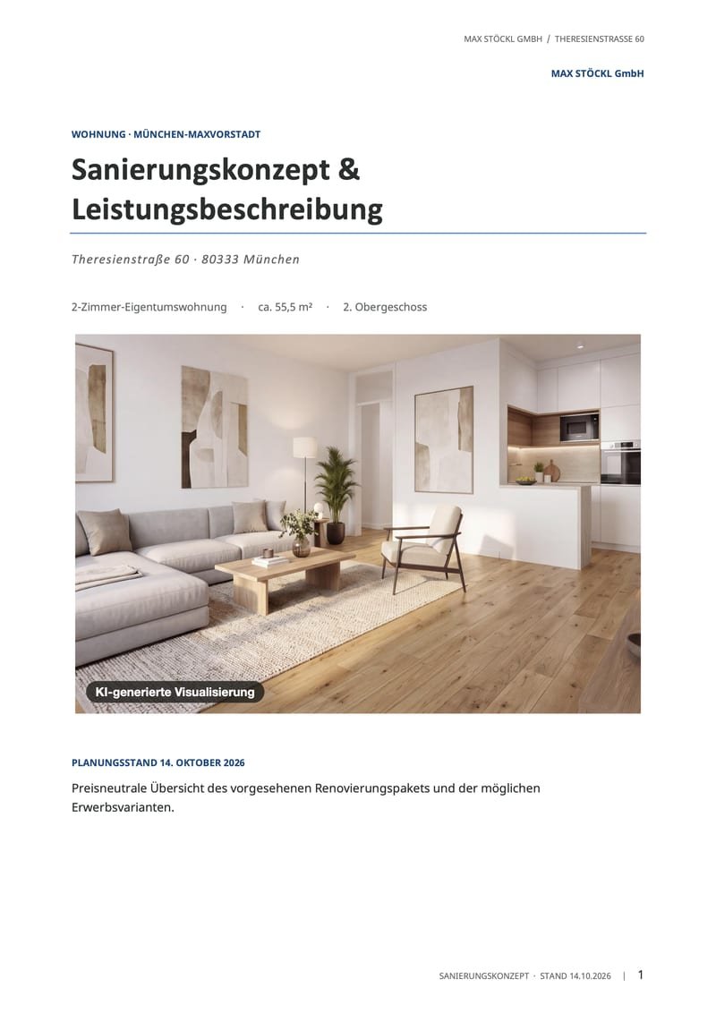 Leistungsbeschreibung, Seite 1 von 9: Titelseite mit KI-Visualisierung des Wohnbereichs