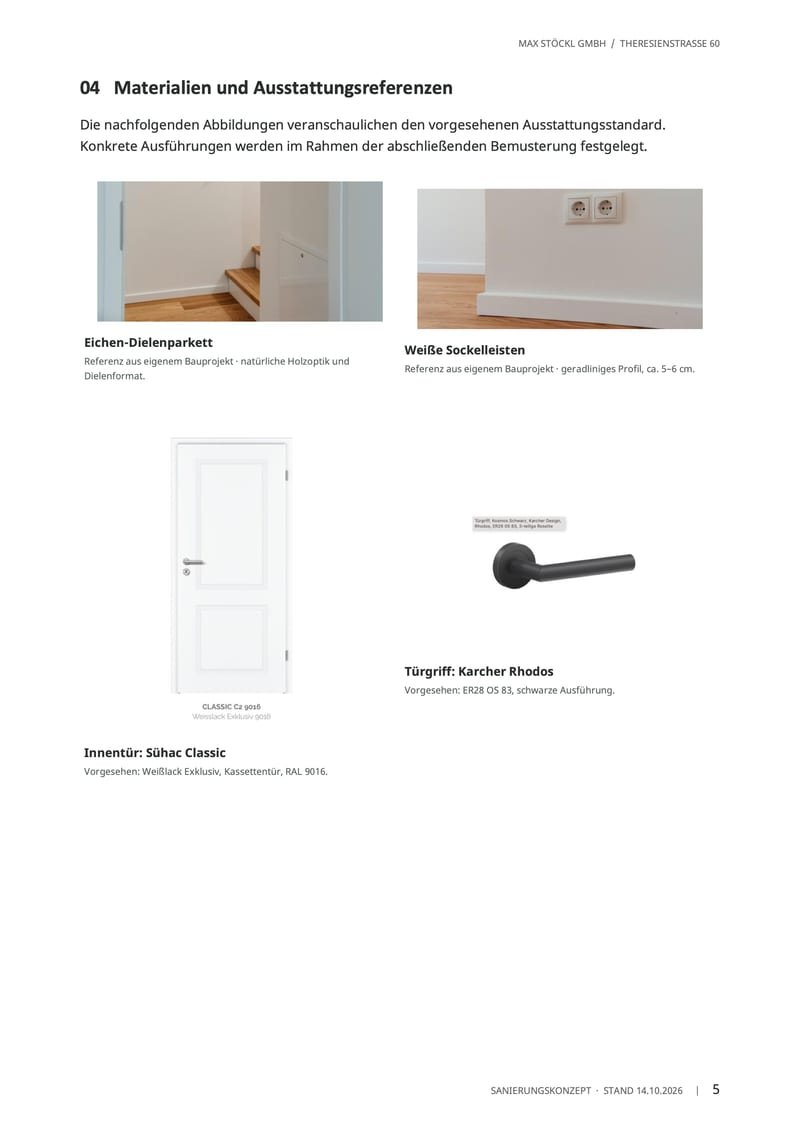 Leistungsbeschreibung, Seite 5 von 9: Materialien und Ausstattungsreferenzen