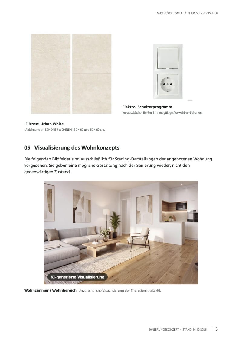 Leistungsbeschreibung, Seite 6 von 9: Materialien und KI-Visualisierung des Wohnkonzepts