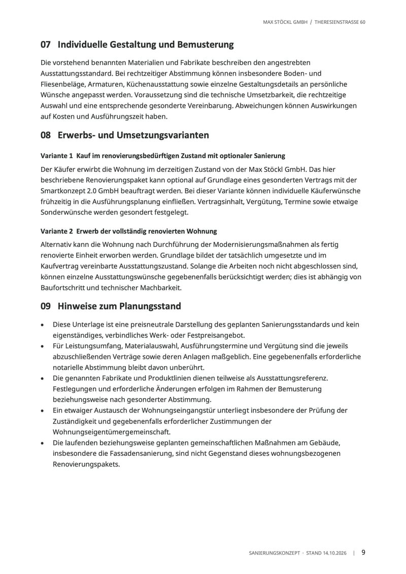 Leistungsbeschreibung, Seite 9 von 9: Bemusterung, Erwerbsvarianten und Hinweise zum Planungsstand