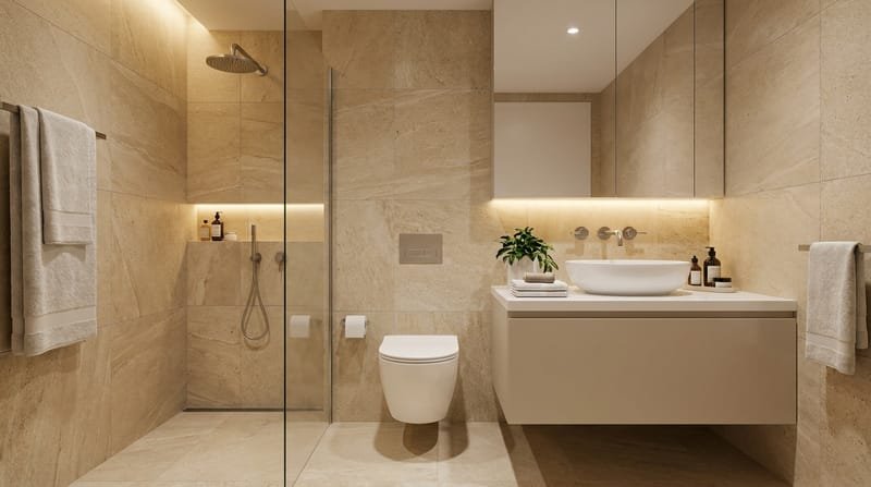 KI-Visualisierung: Badezimmer mit bodengleicher Dusche nach der Renovierung