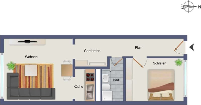 Grundriss der 2-Zimmer-Wohnung mit Wohnen, Küche, Bad, Flur, Garderobe und Schlafzimmer