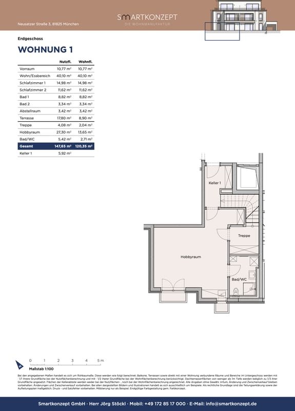 Grundriss Wohnung 1 im Untergeschoss: Hobbyraum mit Bad/WC, Treppe und Kellerabteil