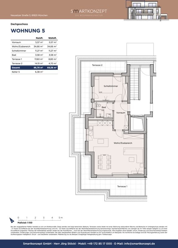 Grundriss Wohnung 5 im Dachgeschoss: Wohn- und Essbereich, Schlafzimmer, Bad, Vorraum und zwei Terrassen