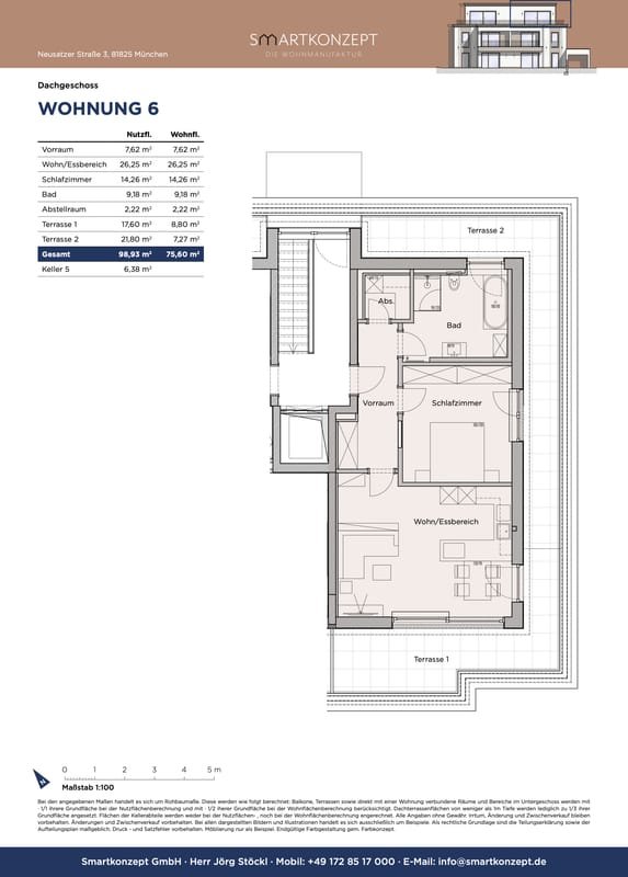 Grundriss Wohnung 6 im Dachgeschoss: Wohn- und Essbereich, Schlafzimmer, Bad, Abstellraum, Vorraum und zwei Terrassen
